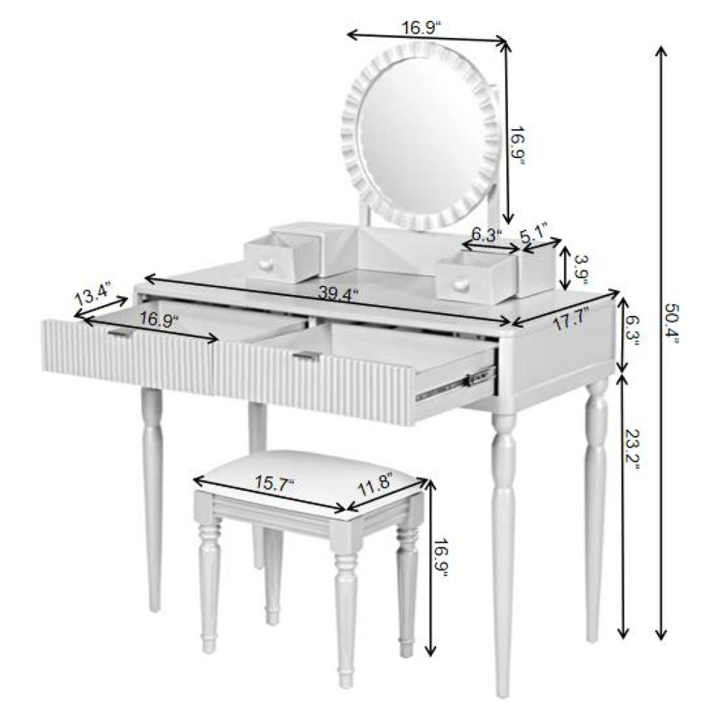 Coiffeuse de luxe avec miroir rond, table de maquillage réglable en hauteur, tabouret à 4 tiroirs, argent, Argent
