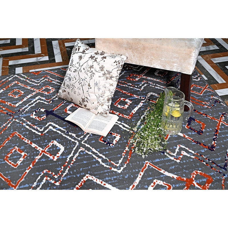 Tapis géométrique bleu / rouge Mcnear, Rectangle 2 pi x 4 pi