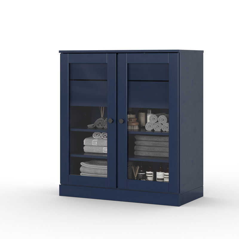 Armoire de rangement pour salle de bain 100% bois massif Palace Imports, portes en verre transparent, 2 tiroirs, tablettes réglables, largeur 32 po, hauteur 35,75 po