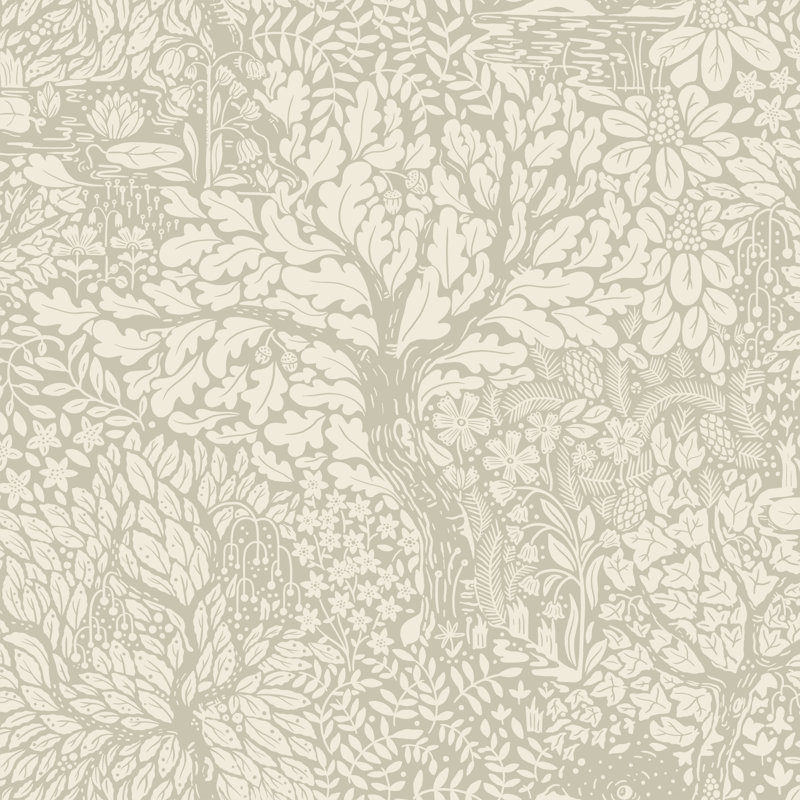 Hjarterum Olle Forest Leaf Motif 10.05m x 53cm Matte Wallpaper Roll, Taupe/White