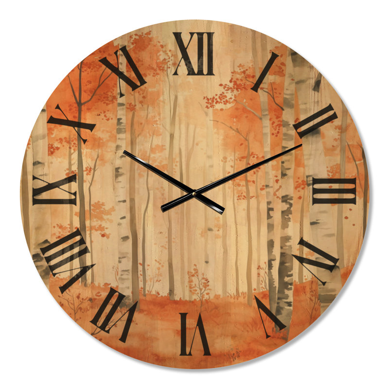 Forest Amber Birch I - Horloge murale rustique ronde, imprimée sur bois, Médium