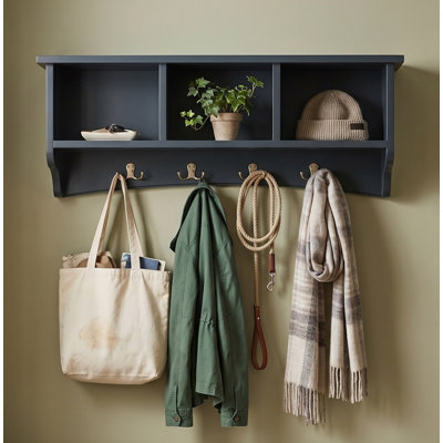 Shaker Cottage Wall-Mounted Coat Rack with Cubbies and Hooks, Charcoal