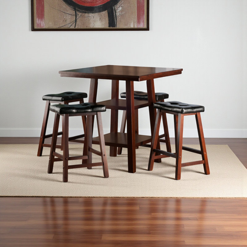 Hallatrow Walnut 5-pc Counter Height Dining Set With 4 Stools, 36.06'' H X 33.52'' W X 33.52'' D, 5 Pieces: 1 Table, 4 Chairs