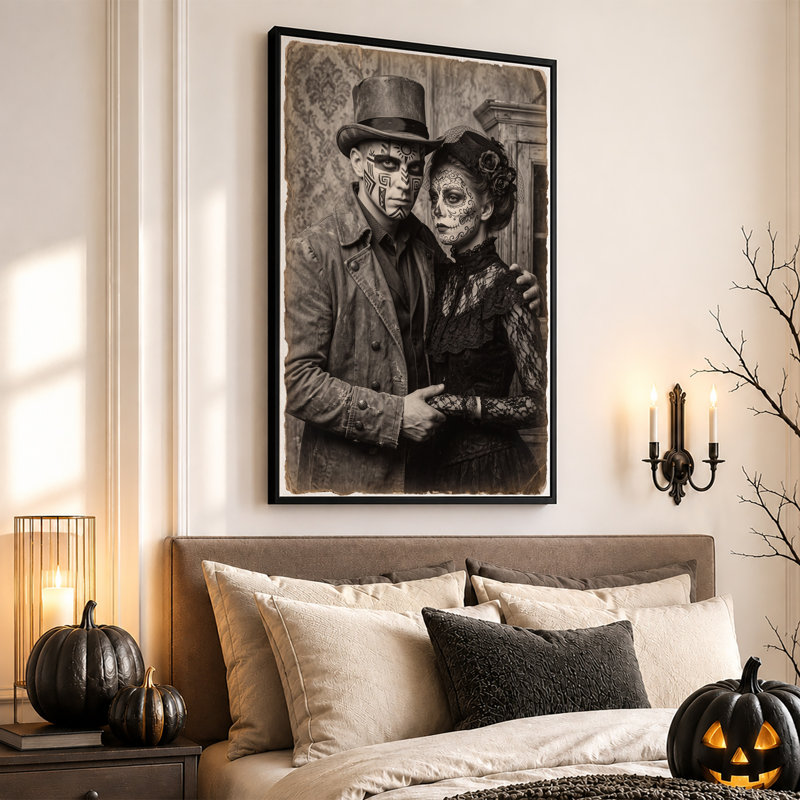 «Vintage Couple with Intricate Face Paint And Top Halloween», art mural sur toile, H 18 po x l 12 po