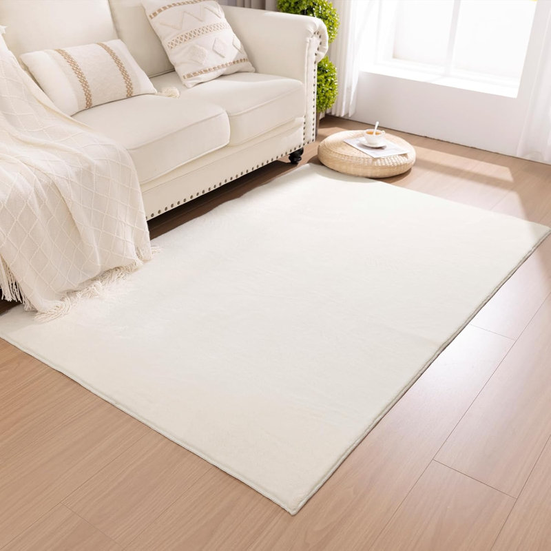 Silky Soft Faux Rabbit Fur Area Rug, Cream, Rectangle 3' x 5'