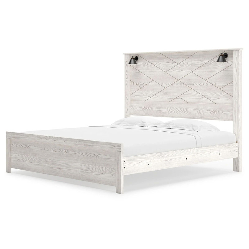 Très grand lit à panneau Hara avec 2 appliques murales, bois gris-blanc rustique clair, Très grand, Gris