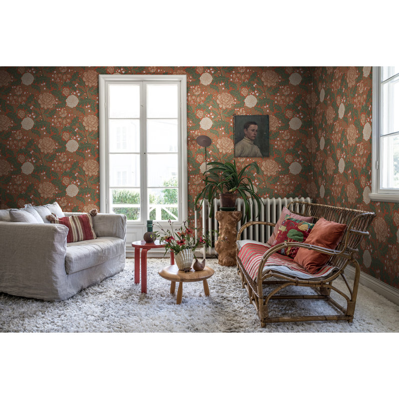 Camille 10m x 53cm Matte Wallpaper Roll, Terracotta/Green