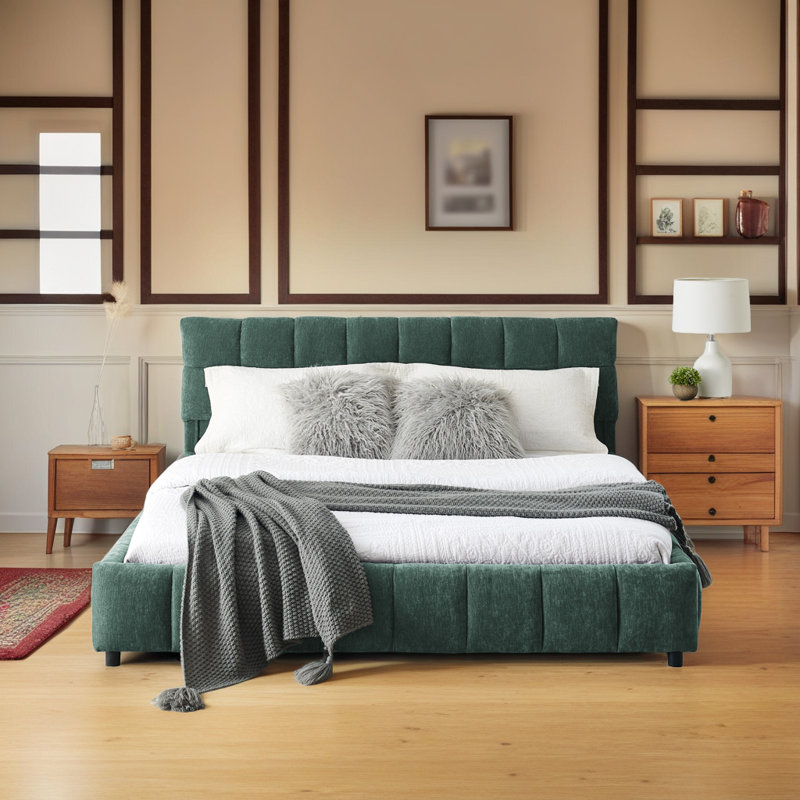 Structure de lit tapissier en chenille moderne avec tiroirs de rangement, Grand lit, Vert