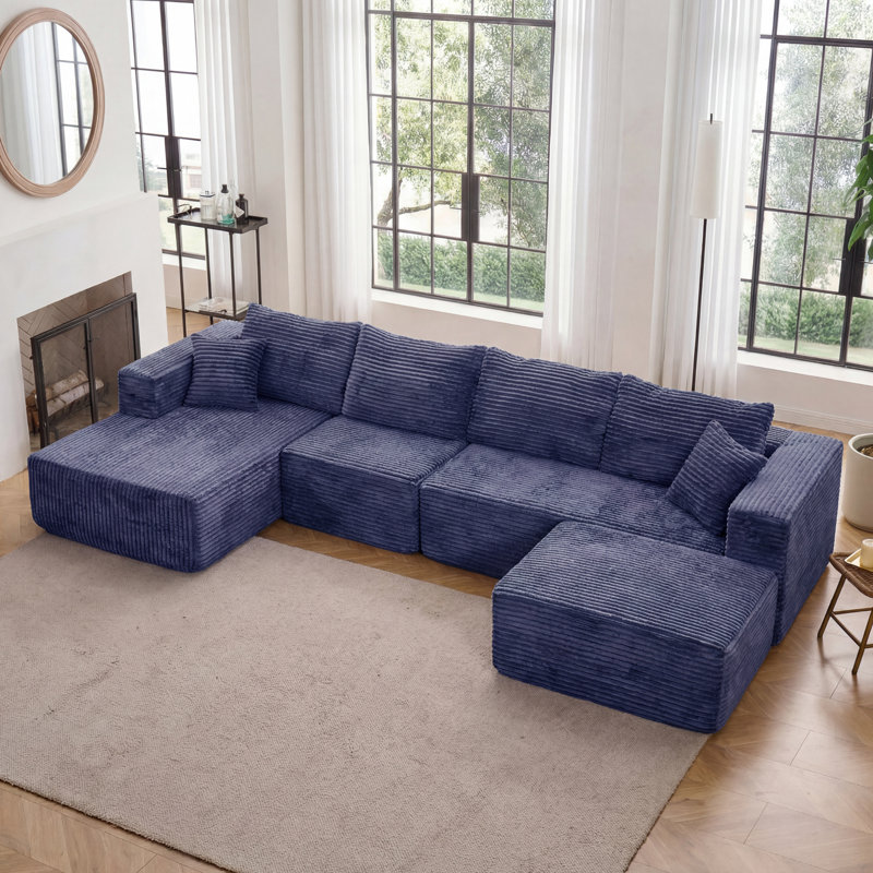 Canapé modulaire rembourré 4 pièces Kapellen, Bleu, Orienté à gauche (vu de face)