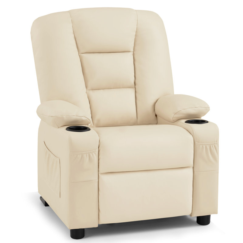 Whitson Kids Recliner Chair with  Anti-Tilt, Cup Holders, 2 Side Pockets, Faux Leather, Cream White