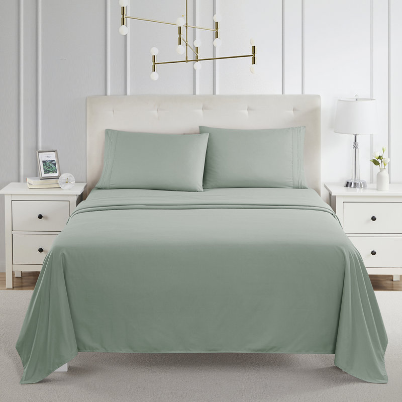  Ensemble de draps double brossé de luxe pour hôtel avec draps et taies d'oreiller très doux, Très grand séparé, Vert sauge