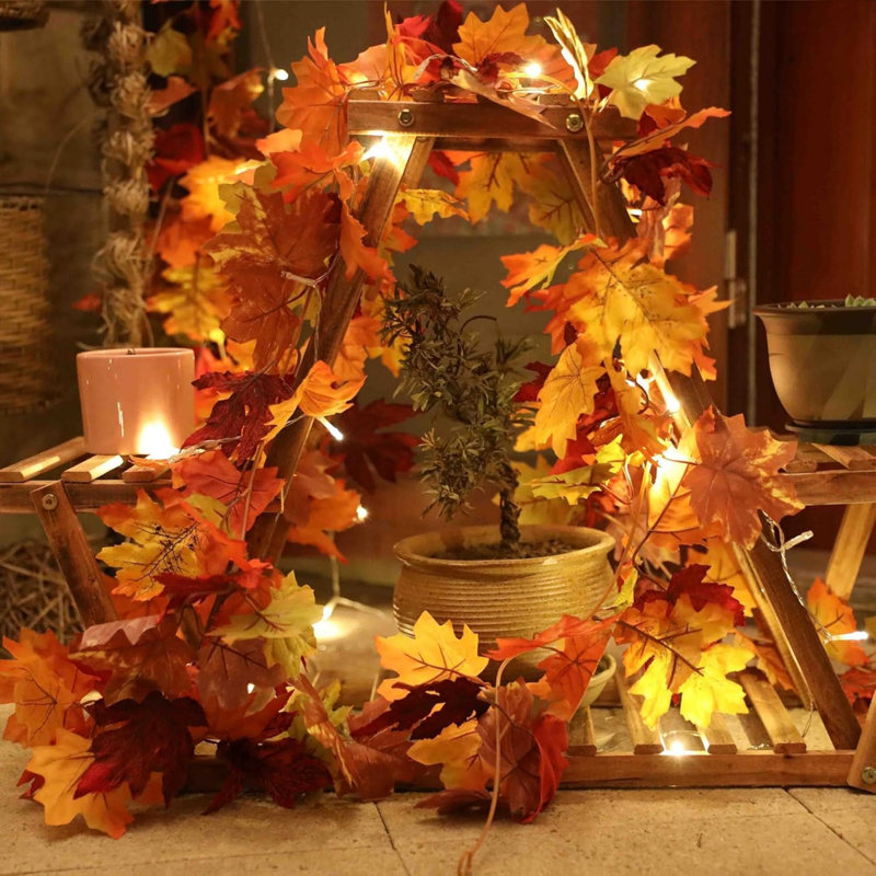 2 Pack Autumn Garland with LED Lights – 5.8FT Fall Maple Leaf Decor for Thanksgiving Halloween Garland Autumn Decor for Fireplace Door Table Indoor Outdoor