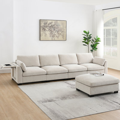 Modular Sectional Sofa With Folding Table, Dual - Port Charging, Storage Pockets, Ottoman And Armrest Pillows For Comfortable And Functional Living