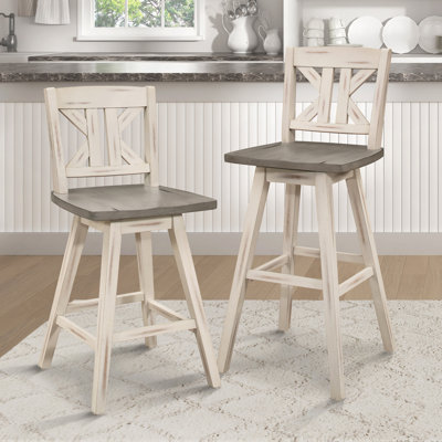 Ensemble de 2 chaises à hauteur de comptoir, chaise de salle à manger pivotante à 360 degrés en bois d'hévéa massif gris et blanc