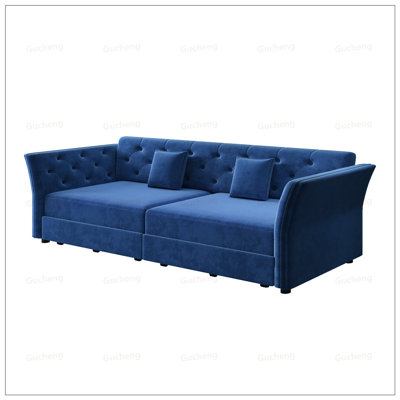 Queen Pull Out Sofa Bed, Convertible Sleeper Sofa With Handmade Fabric Flower Tufted Design, Multi-Functional Velvet Loveseat For Living Room And Bedr