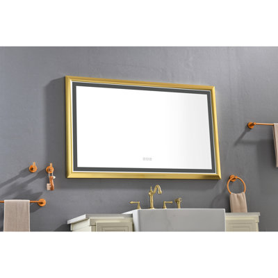 48" X 30" Led Bathroom Mirror With Aluminum Frame, Fog, 3 Color Temperatures, Stepless Dimming, Clear View, Construction, Brushed Gold Wall Mounted Reflection, ,
