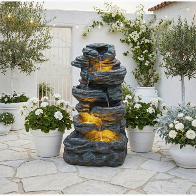 Fontaine en cascade 35 niveaux 35 pouces avec lumières à DEL, résine gris froid, dispositif d'eau extérieur autoportant pour patio de jardin
