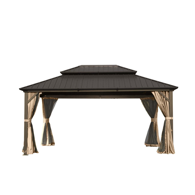 Hardtop Gazebo, Outdoor Gazebo With Galvanized Steel Double Roof, Aluminum Frame, Built-In Gutter System, Curtain And Netting, Metal Gazebo Pavilion For Patio Deck Garden