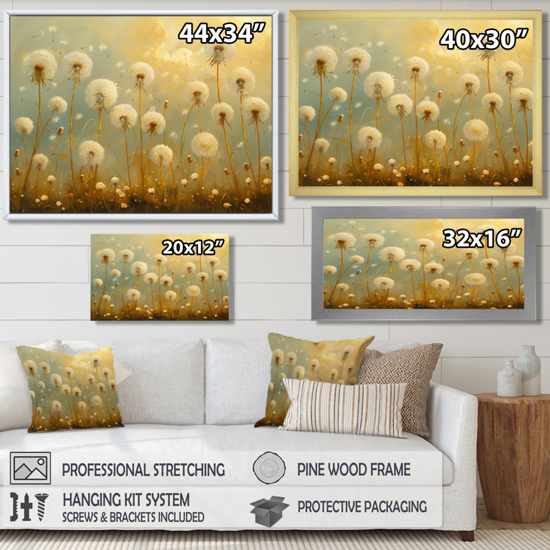 «Beige Blue Spring Dandelion Collage II», art mural pissenlit, Brown Floater Framed, H 24 po x l 32 po x P 1 po
