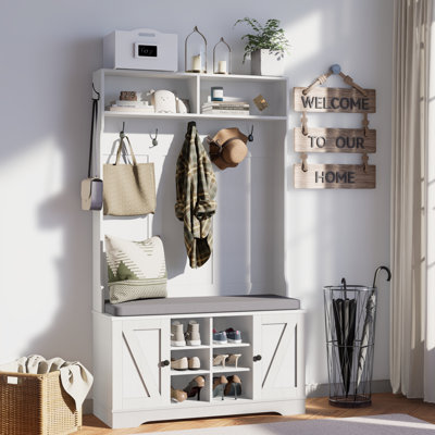 Hall Tree with Cushion and Open Shoe Cabinet,  4-In-1 Coat Rack with Storage Bench, Coat Hanger and Adjustable Shelves, 71" Height Hall Tree for Hallway, Living Room