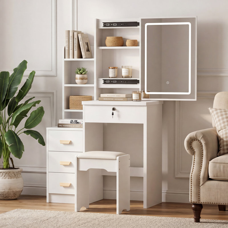Ensemble de coiffeuse avec miroir coulissant et tabouret lumineux à maquillage, 5 tablettes ouvertes, 3 modes de couleurs