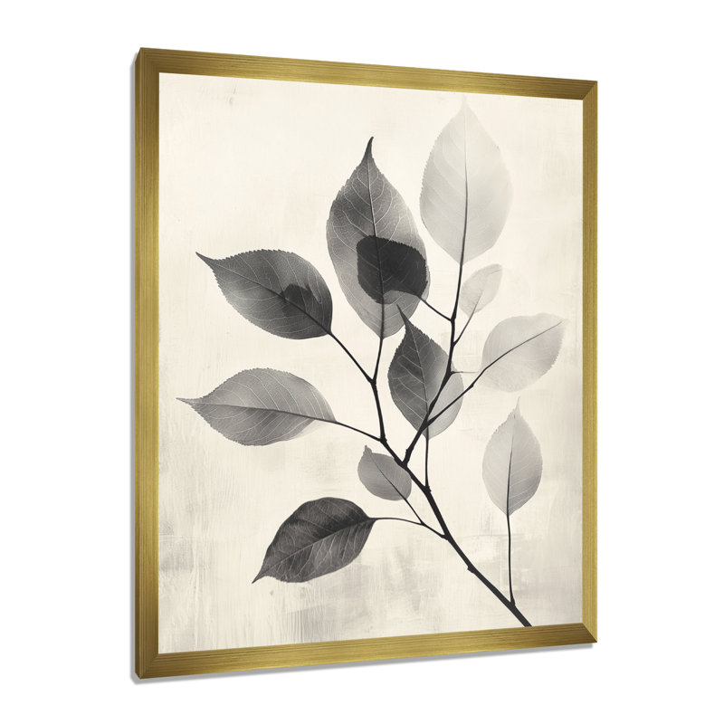 Galet gris feuilles veines de la nature III - décoration murale florale, 40" H x 30" W, Gold