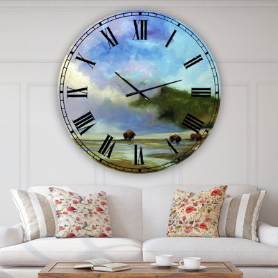 Yellowstone Buffalo Landscape - Large Lake House Wall Clock