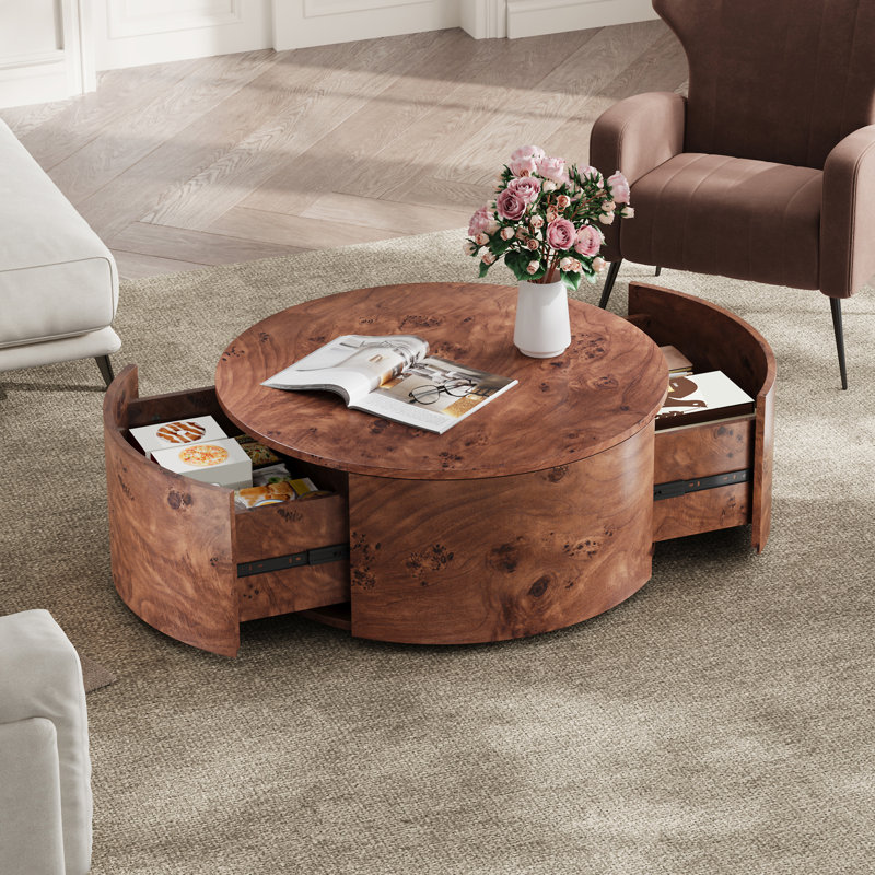 Table basse rotative en bois Burl avec 2 tiroirs (table basse incluse seulement)