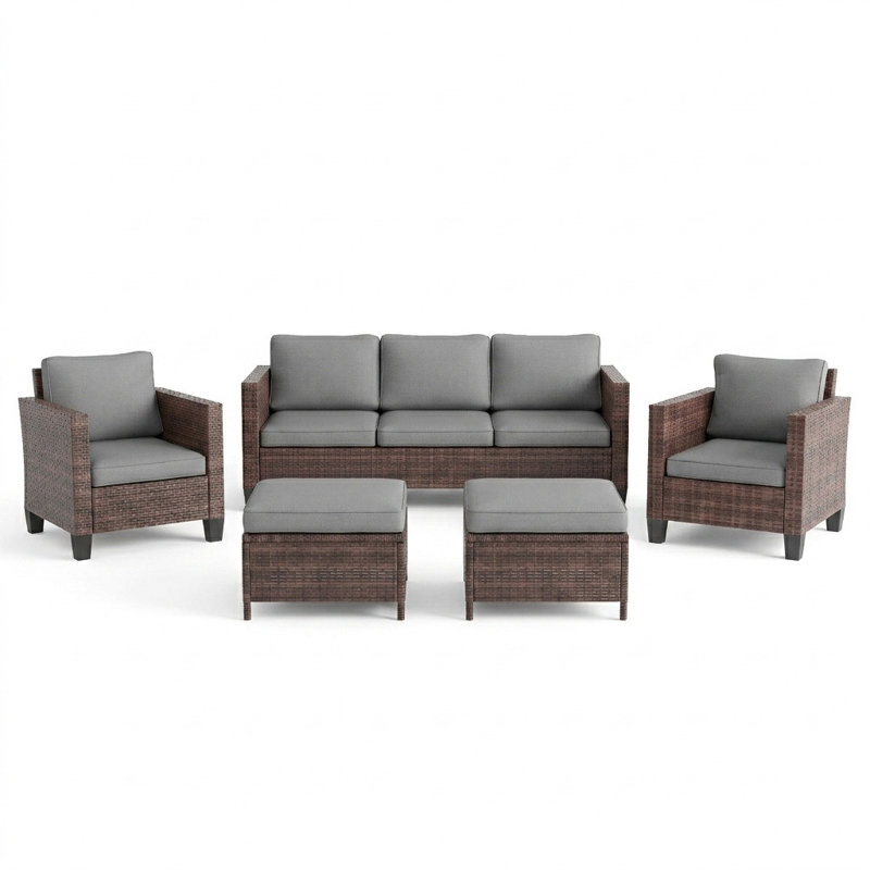 Ensemble de conversation pour patio extérieur 5 pièces avec bras et dossier élargis, Brun, Gris