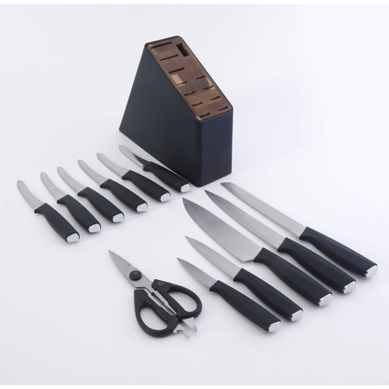 Ensemble de couverts 13 pièces Oster Brixen avec bloc en bois noir - Lame en satin satiné - Poignée en PP
