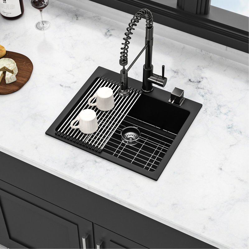Évier en quartz composite - 25 x 22 po noir, réduit le bruit et améliore l'hygiène de la cuisine grâce à ses propriétés anti-rayures