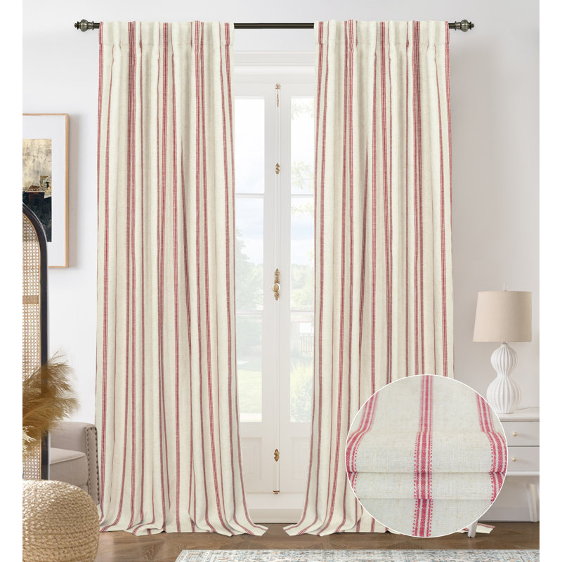 Paire de rideaux occultant, Rayure rouge / languette en lin clair, L 52 po x L 108 po
