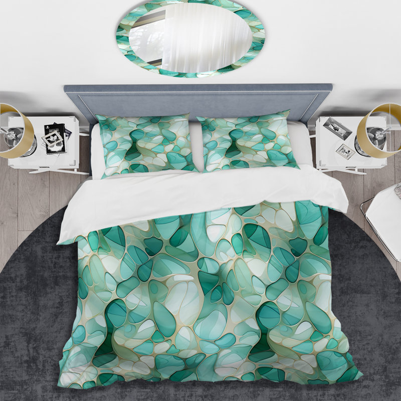 Seaglass Mosaic Emerald Coastal Pattern - Ensemble de housse de couette à motif abstrait