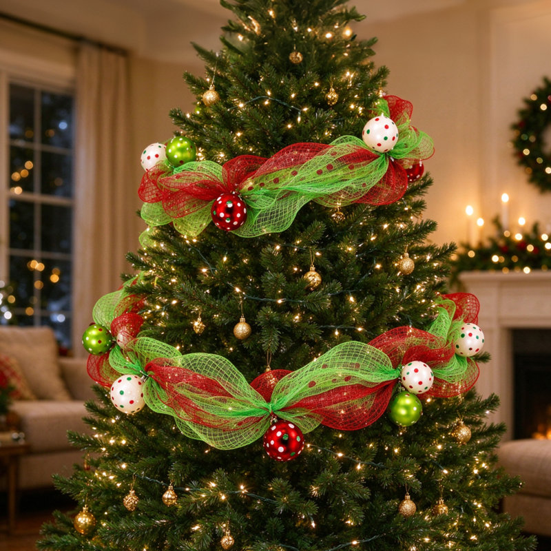 Guirlande de Noël de 2,74 m (9 pi), lot de 2, guirlande en maille rouge et verte pré-décorée avec ornements de Noël pour la décoration intérieure des fêtes de fin d'année.