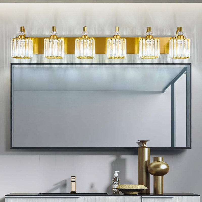 Luminaire de salle de bain moderne à 6 lumières avec abat-jour en cristal pour un éclairage de miroir élégant, Doré, Carrée