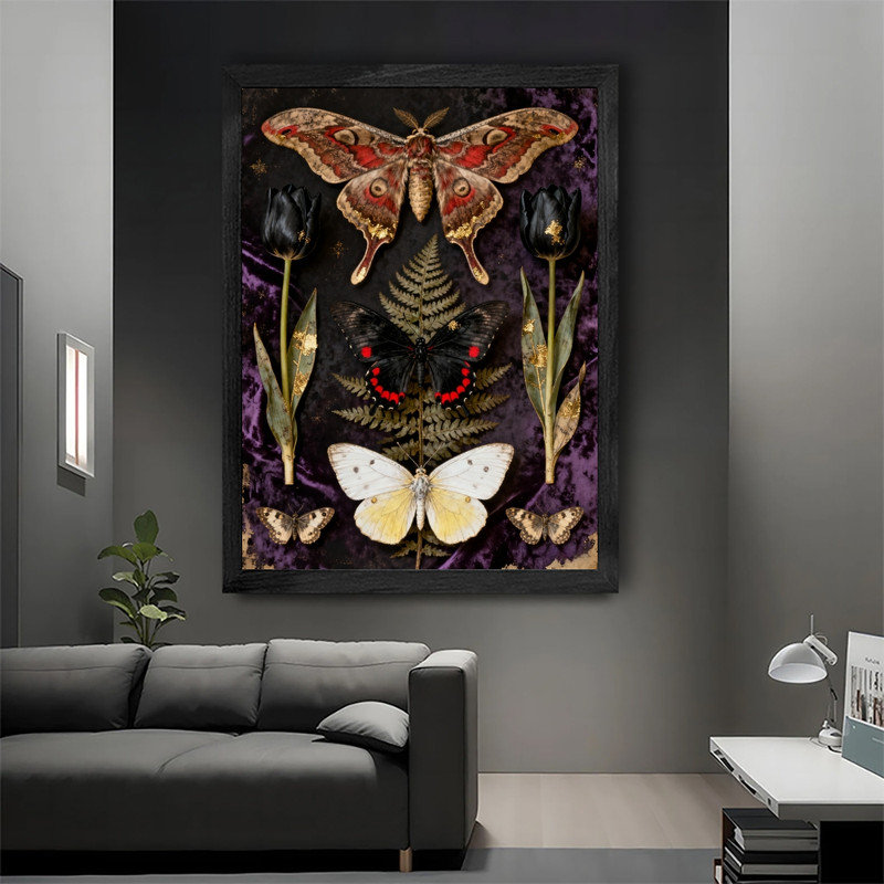 Art mural papillon noir et floral noir, impression de cadre fantaisiste foncé rétro, H 37 po x l 25 po
