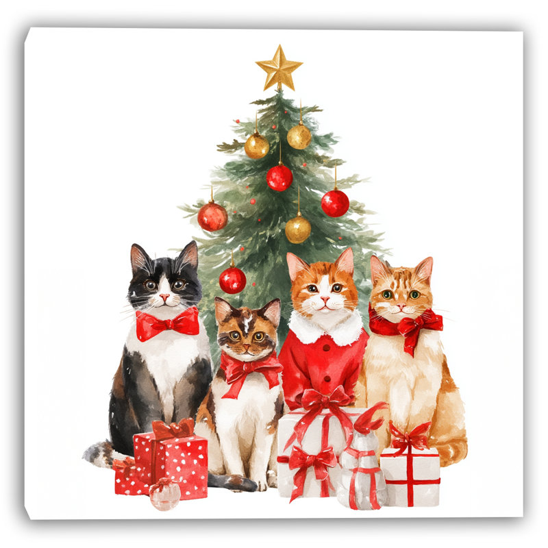 «Holiday Cats by the Tree», art mural sur toile tendue, H 30 po x l 30 po