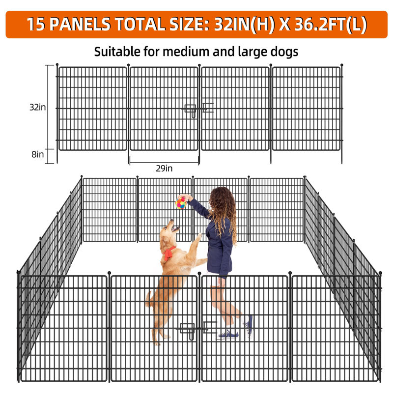 Dog Fence Outdoor,15 Panels No Dig Decorative Fence For Outdoor,Yard, Patio,32 In(H) X 36 Ft(L) Animal Barrier Rustproof Metal Wire Panel,Decorative Garden Fence- Curved