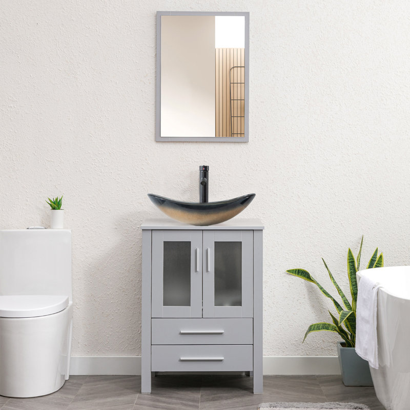 Azaree 24'' Single Bathroom Vanity with Manufactured Wood Top, Gray, Champagne