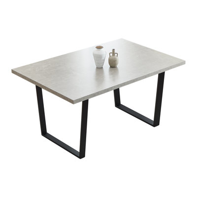 Rectangular Dining Table with Light Concrete-Effect MDF Top and Black U-Shaped Metal Legs, Modern Kitchen Table for 4-6 People