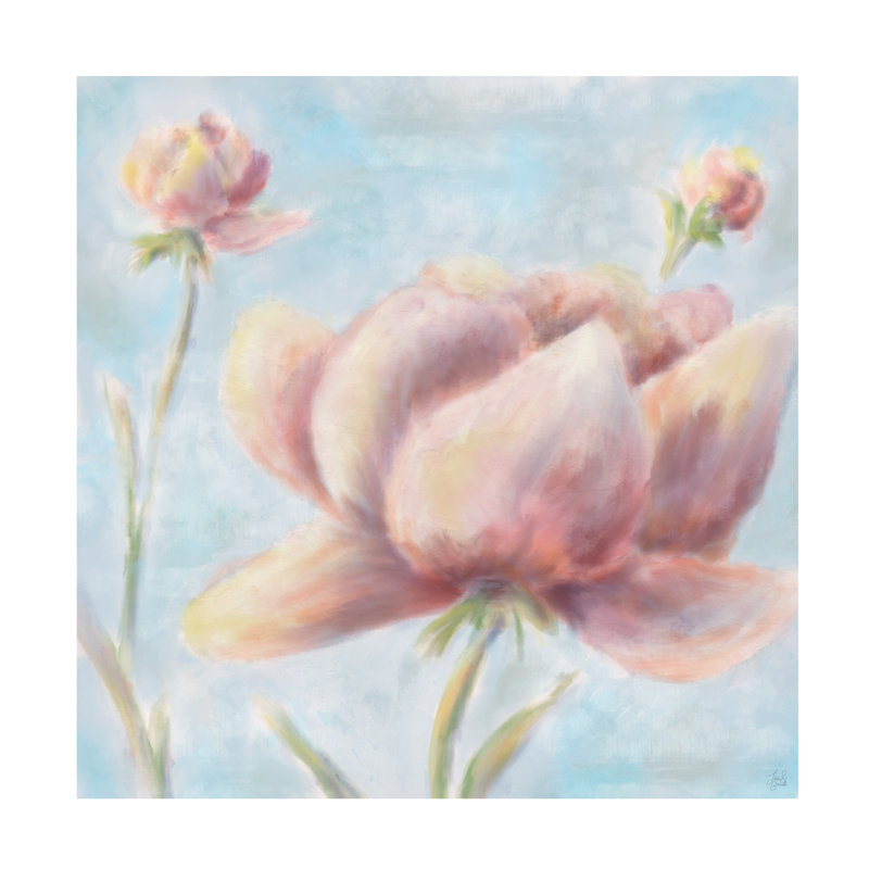 «Line and Brush», pivoines dans le ciel, art sur toile, H 14 po x l 14 po