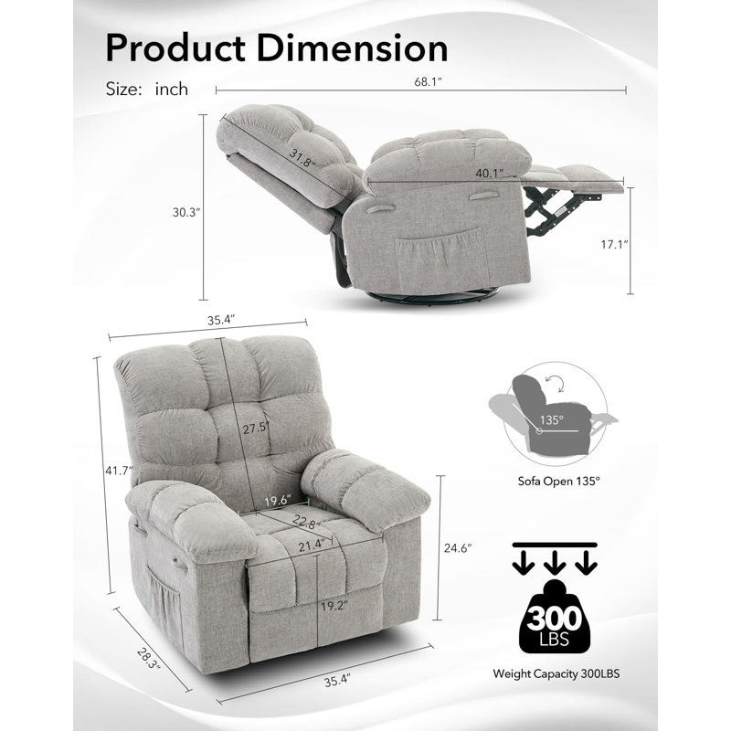 Rocking Recliner Chair, 360° Swivel Rocker Chair, Upholstered Fabric Glider Nursery Chair, Gray