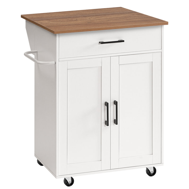 Chariot pour îlot de cuisine avec rangement et abattant 33,3 po Insken, Blanc / Brun