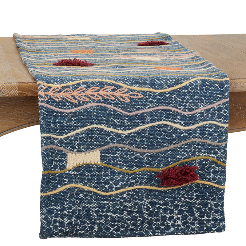 Multicolored Abstract Block Print Embroidered Cotton Table Runner 16" W X 72" L