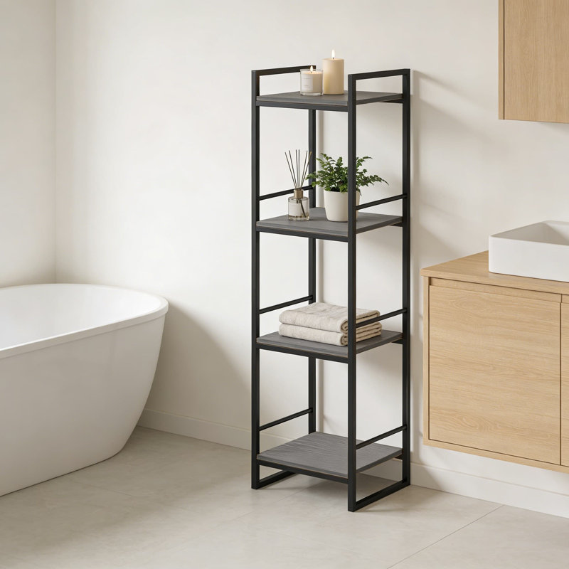 4-Tier Freestanding Storage Shelf Unit With Metal Frame And Wood-Look Shelves For Bathroom, Kitchen, And Living Room Organization