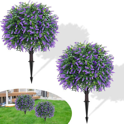 Ensemble de 2 boules topiaires artificielles en forme de buis avec fleurs rouges, 25 po de plantes artificielles résistantes aux rayons UV pour l'extérieur, fausses plantes pour le jardin, la cour, le porche, le patio avec piquet