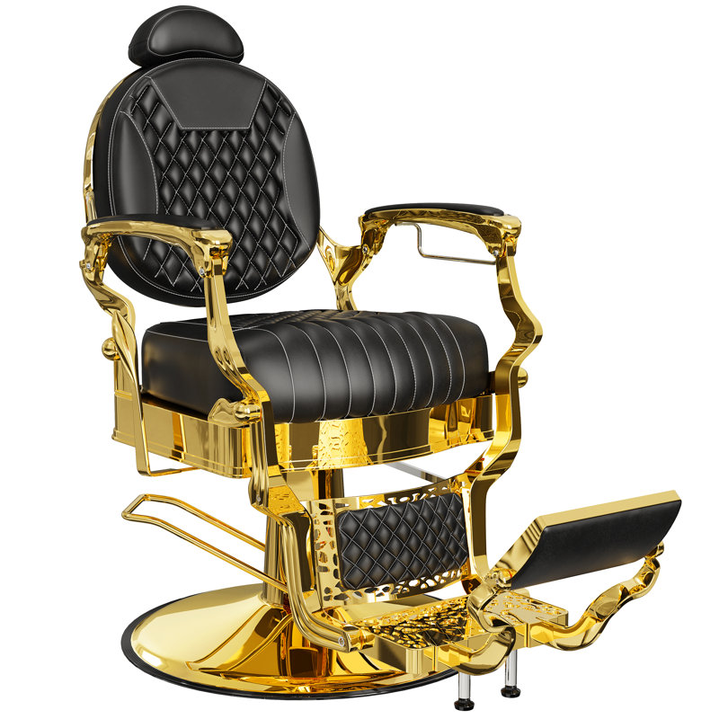 Black And Gold Barber Chair, Reclining Salon Chair With Removable Headrest, Retro Hair Chair With Heavy-Duty Steel Frame, Luxury Stylist Chair Gold Salon Chair, Weight Capacity 550 Lbs