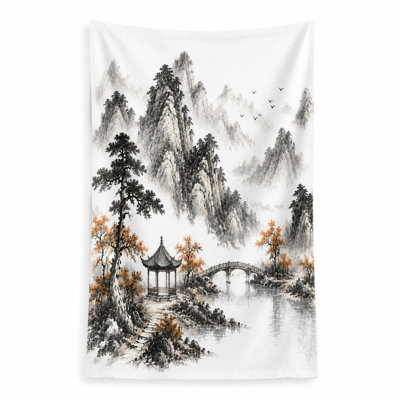 1Pcs Traditional Chinese Landscape Painting Art Beach Towel, Serene Mountains, Pagoda, Bridge, and Flying Birds. Absorbent Microfiber for, Swimming, Travel, Camping, Outdoor, Home Decor.