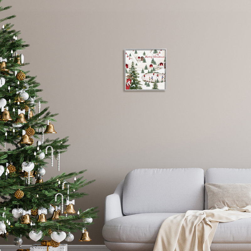 Ba-798-Framed " Christmas Town Ice Skating " by Emma Leach, Farmhouse Grey Framed Giclee, 12" H x 12" W x 1.5" D
