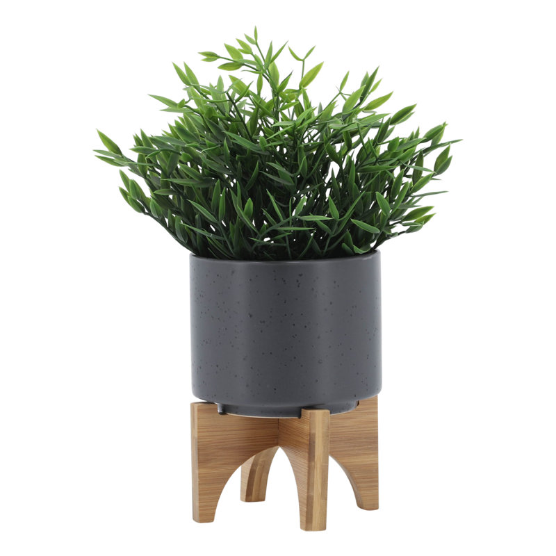 Pot à fleurs 5 po avec support en bois, gris mat, H 7,04 po x l 5,04 po x P 5,04 po